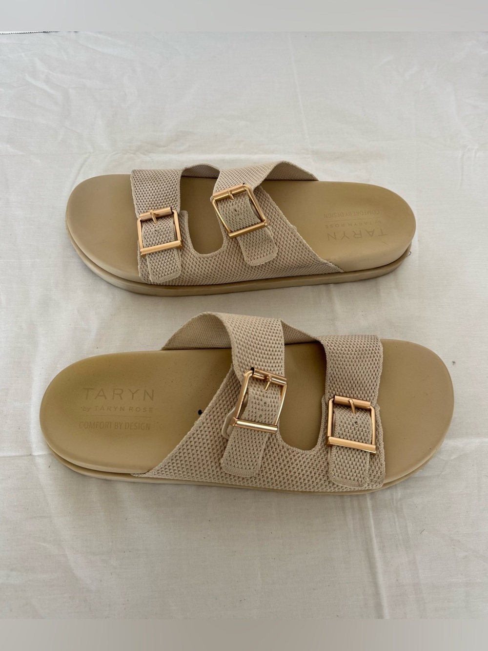 Taryn Rose Beige Double-Buckle Mesh Slide Sandals Size 10